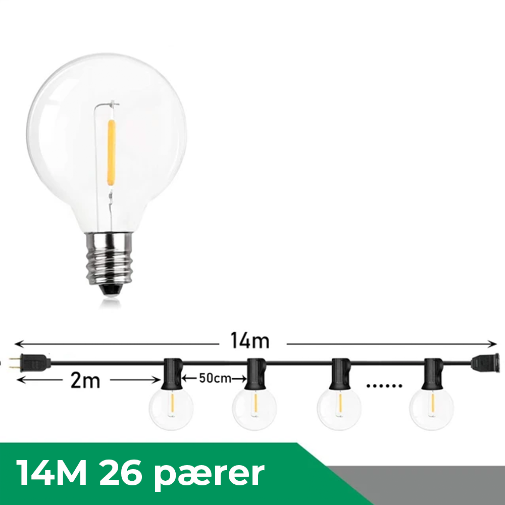 Lyskæde udendørs, Vandtæt LED-lyskæde til have og veranda - varm hvid (2700K), dæmpbar, kan forbindes op til 150 m, 30.000 timer, 220V, 0,6W, reservepærer medfølger