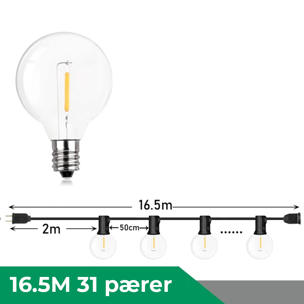Lyskæde udendørs, Vandtæt LED-lyskæde til have og veranda - varm hvid (2700K), dæmpbar, kan forbindes op til 150 m, 30.000 timer, 220V, 0,6W, reservepærer medfølger