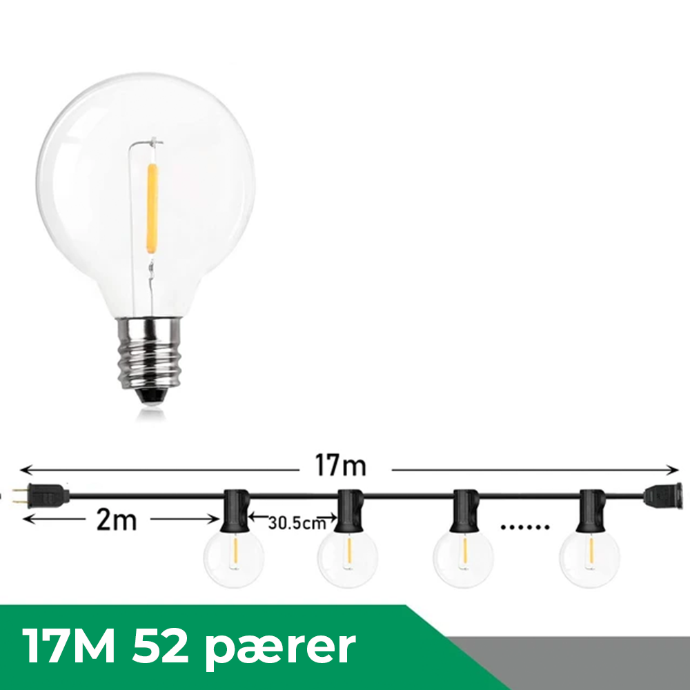 Lyskæde udendørs, Vandtæt LED-lyskæde til have og veranda - varm hvid (2700K), dæmpbar, kan forbindes op til 150 m, 30.000 timer, 220V, 0,6W, reservepærer medfølger