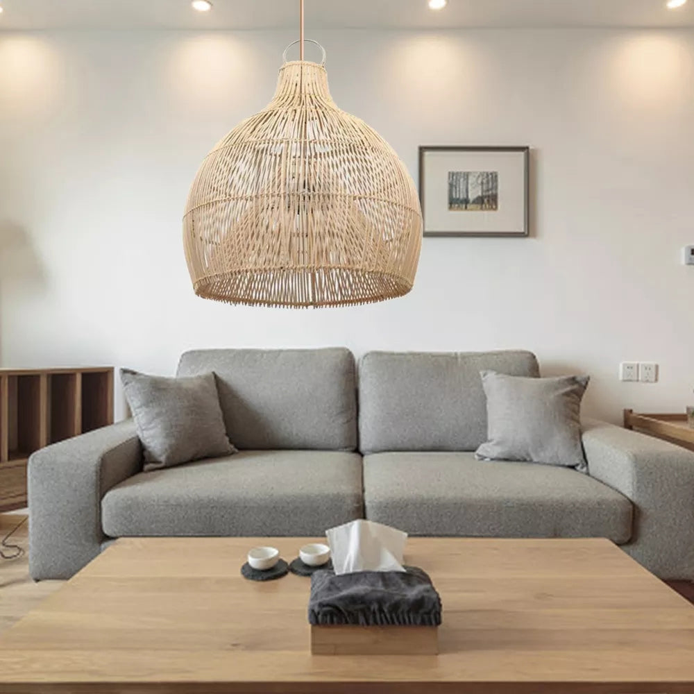 Håndknyttet rattan-pendel - E27-sokkel, LED-kompatibel, indendørs/udendørs dekoration, vekselstrøm, 90-260V, 5-10sqm belysningsområde,