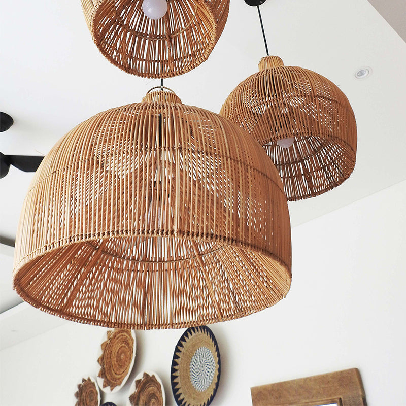Håndknyttet rattan-pendel - E27-sokkel, LED-kompatibel, indendørs/udendørs dekoration, vekselstrøm, 90-260V, 5-10sqm belysningsområde,