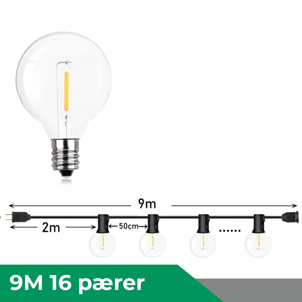Lyskæde udendørs, Vandtæt LED-lyskæde til have og veranda - varm hvid (2700K), dæmpbar, kan forbindes op til 150 m, 30.000 timer, 220V, 0,6W, reservepærer medfølger