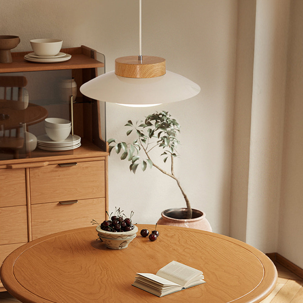 Cremefarvet skålformet jernpendel - Moderne LED-pendel, 30 cm i diameter, hvidt matteret glas og trælook, AC-betjening, 90-260V