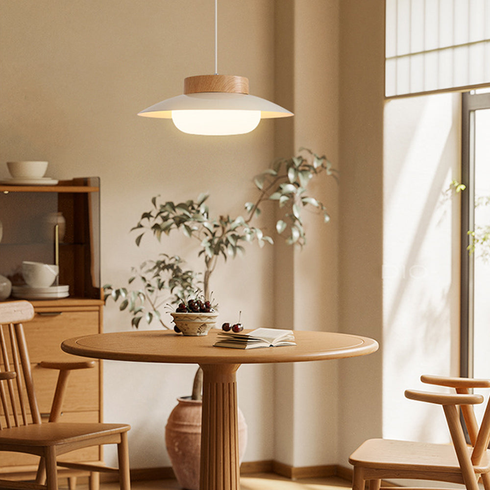 Cremefarvet skålformet jernpendel - Moderne LED-pendel, 30 cm i diameter, hvidt matteret glas og trælook, AC-betjening, 90-260V