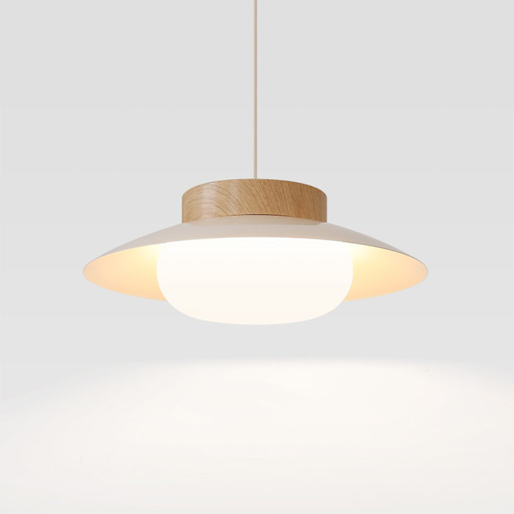 Cremefarvet skålformet jernpendel - Moderne LED-pendel, 30 cm i diameter, hvidt matteret glas og trælook, AC-betjening, 90-260V