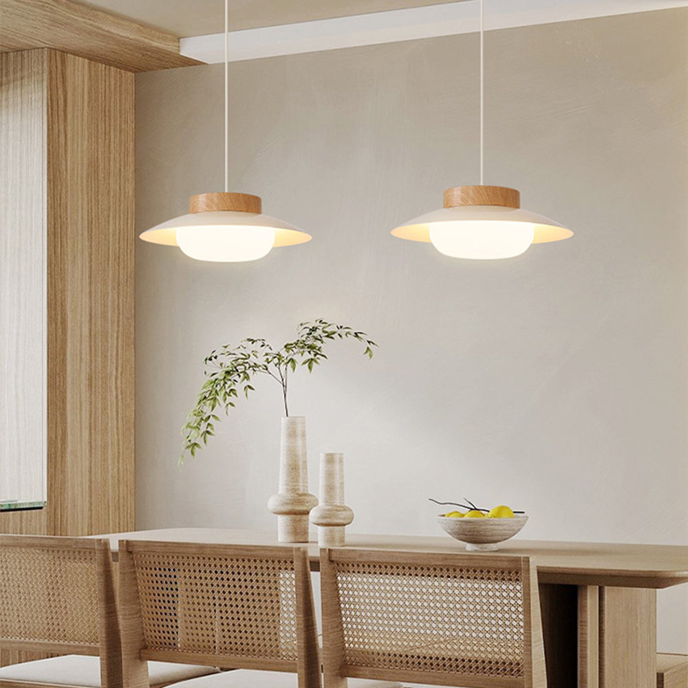 Cremefarvet skålformet jernpendel - Moderne LED-pendel, 30 cm i diameter, hvidt matteret glas og trælook, AC-betjening, 90-260V