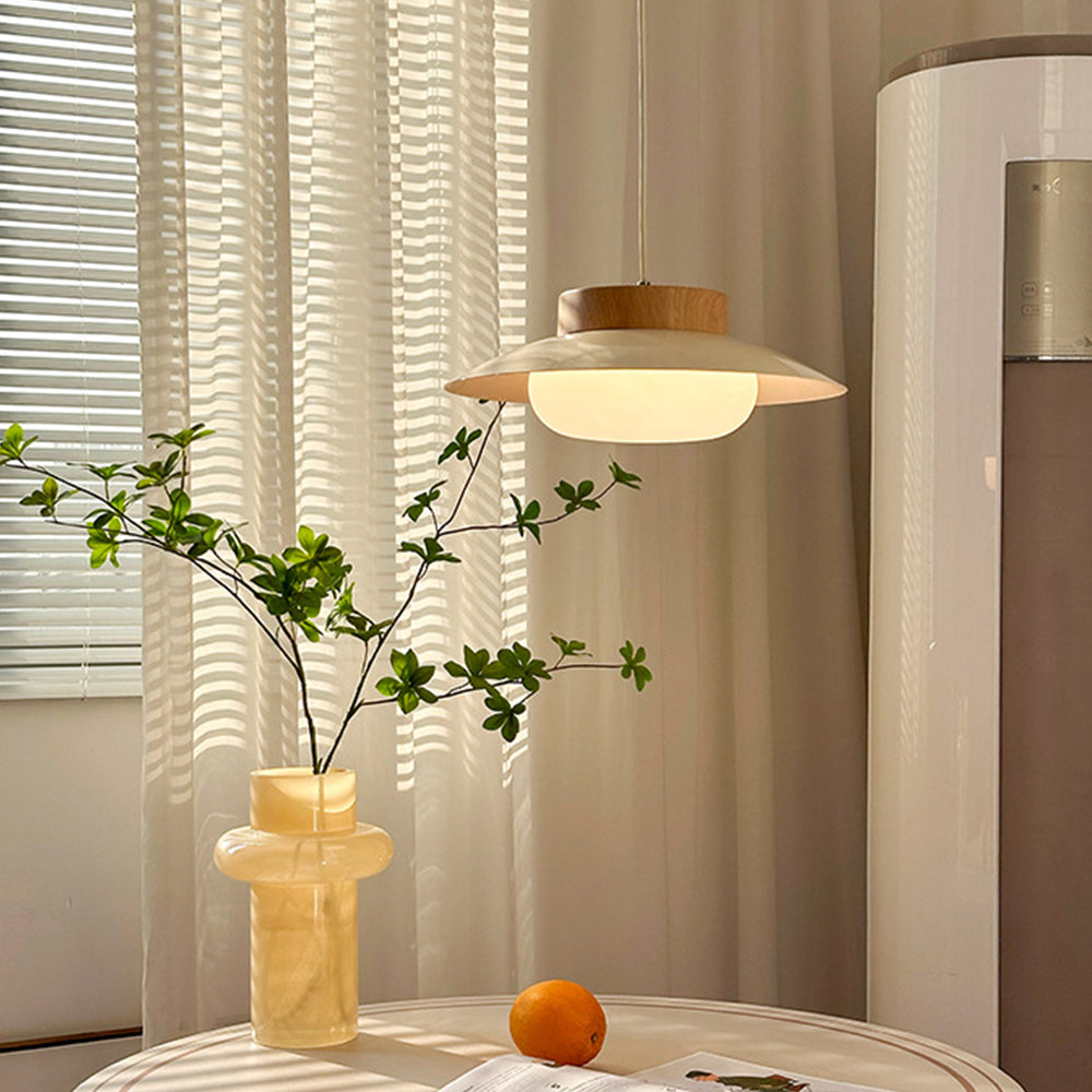 Cremefarvet skålformet jernpendel - Moderne LED-pendel, 30 cm i diameter, hvidt matteret glas og trælook, AC-betjening, 90-260V