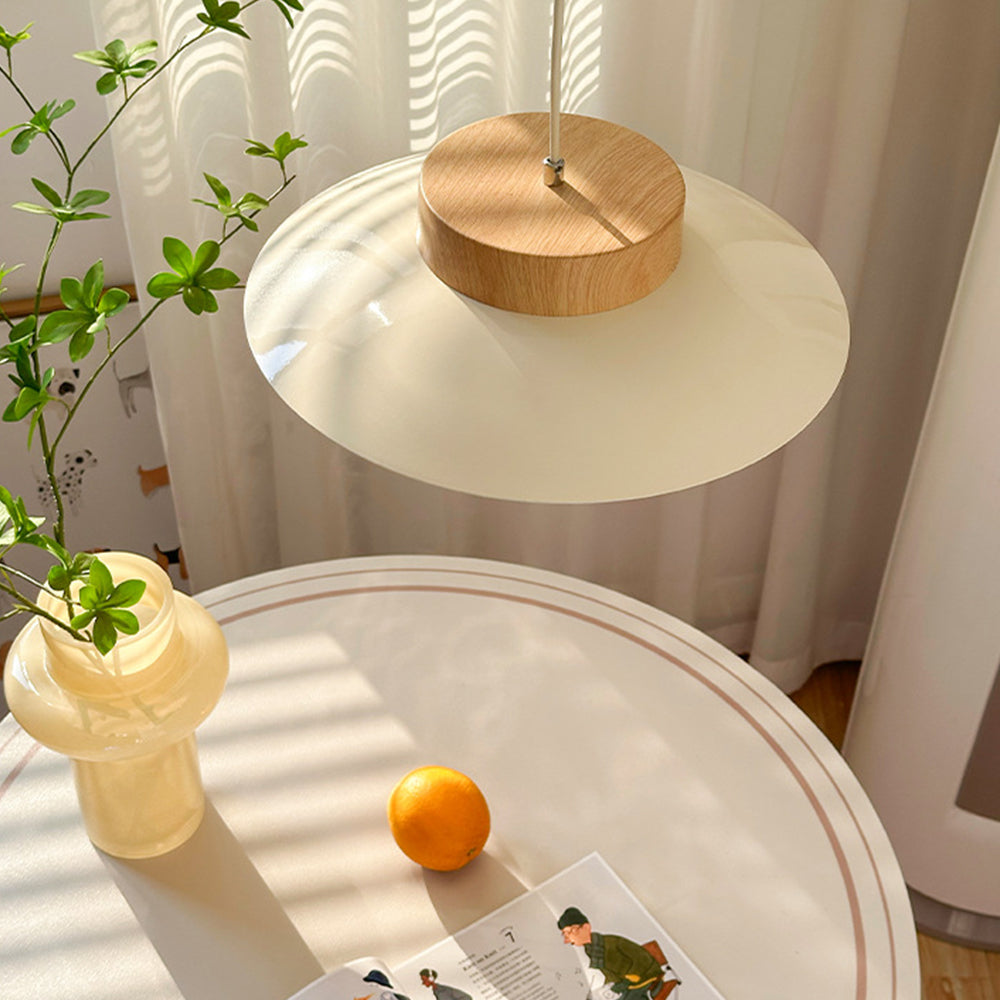 Cremefarvet skålformet jernpendel - Moderne LED-pendel, 30 cm i diameter, hvidt matteret glas og trælook, AC-betjening, 90-260V