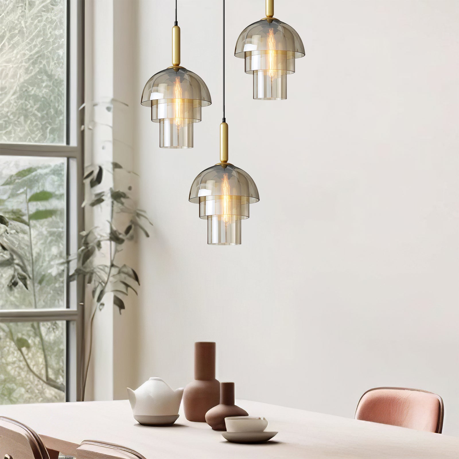 Dome Glas Hængelampe - Nordisk, E27 Sokkel, Justerbar, Cognac Finish