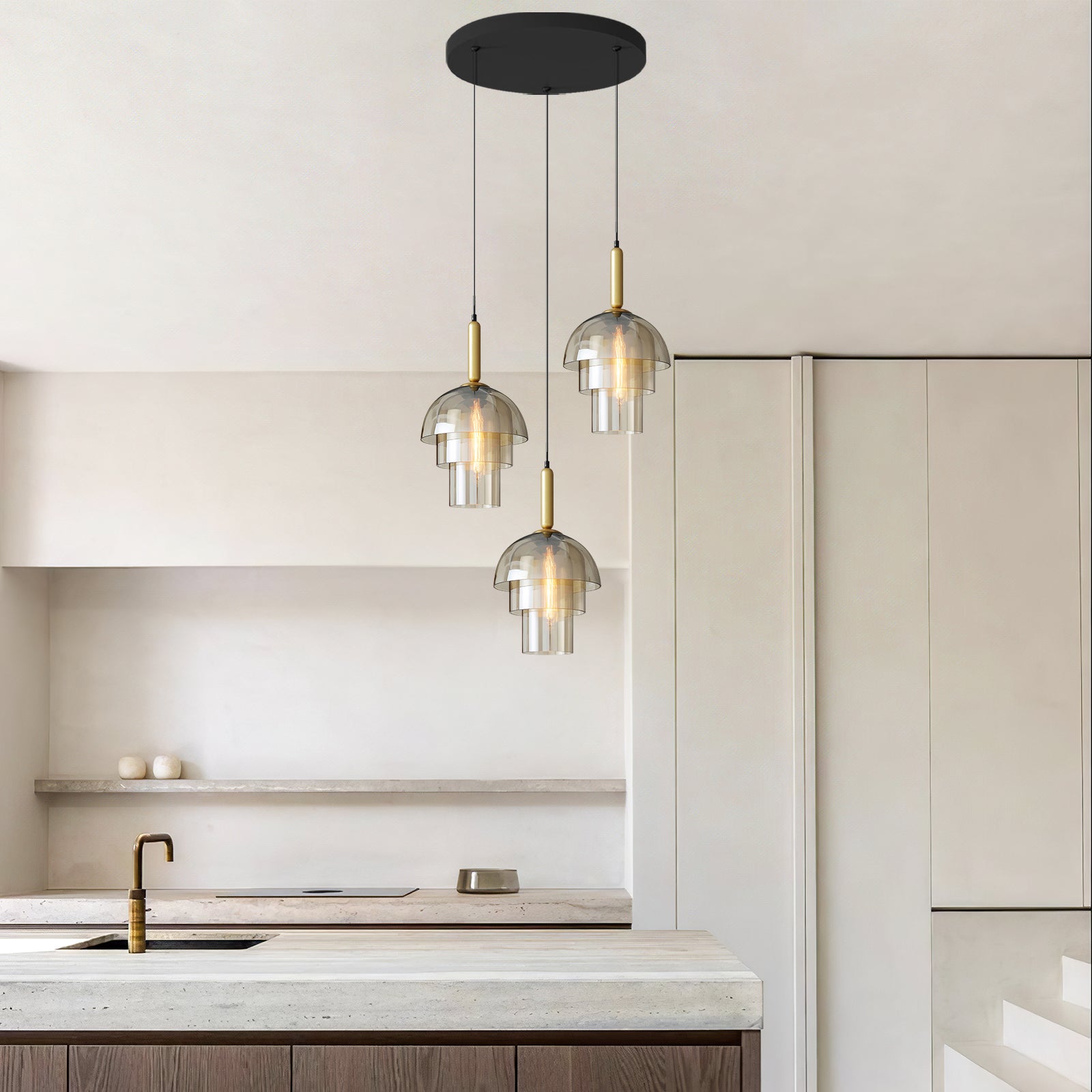 Dome Glas Hængelampe - Nordisk, E27 Sokkel, Justerbar, Cognac Finish