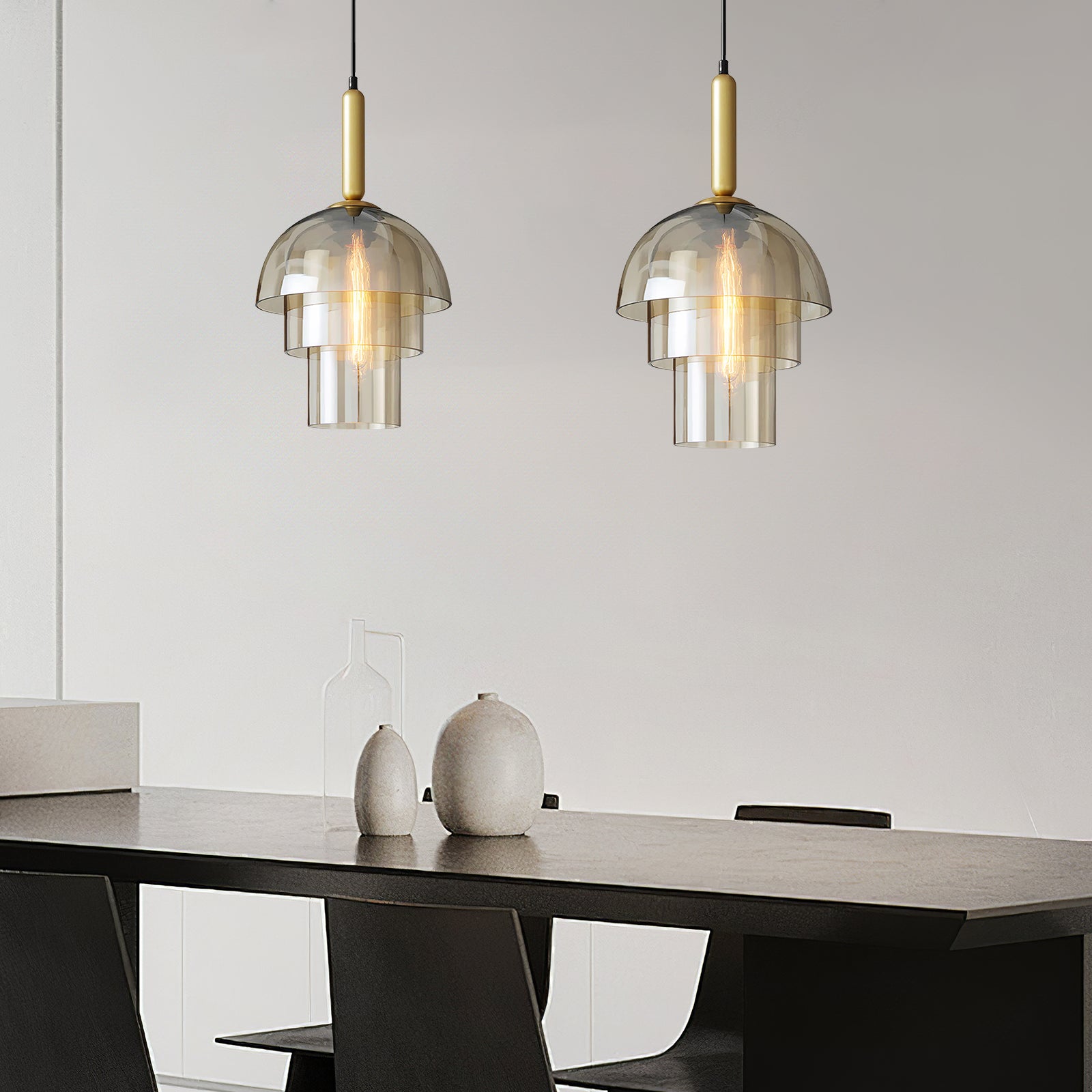 Dome Glas Hængelampe - Nordisk, E27 Sokkel, Justerbar, Cognac Finish