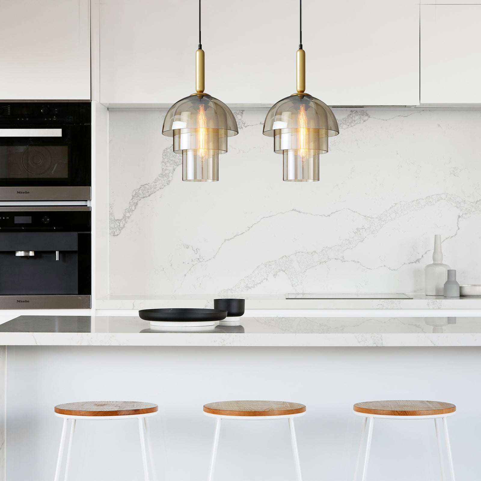 Dome Glas Hængelampe - Nordisk, E27 Sokkel, Justerbar, Cognac Finish