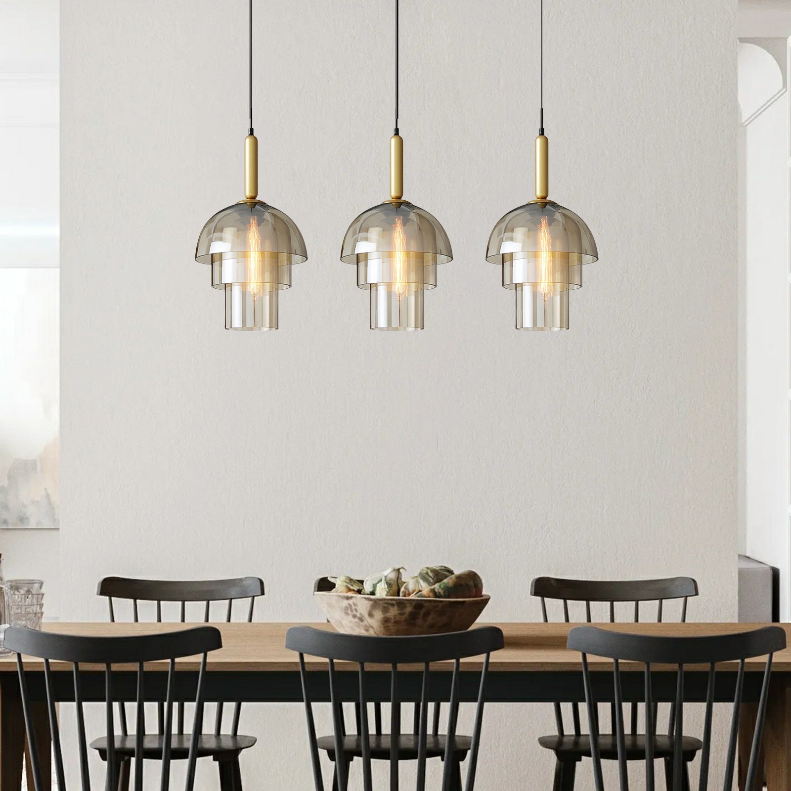 Dome Glas Hængelampe - Nordisk, E27 Sokkel, Justerbar, Cognac Finish