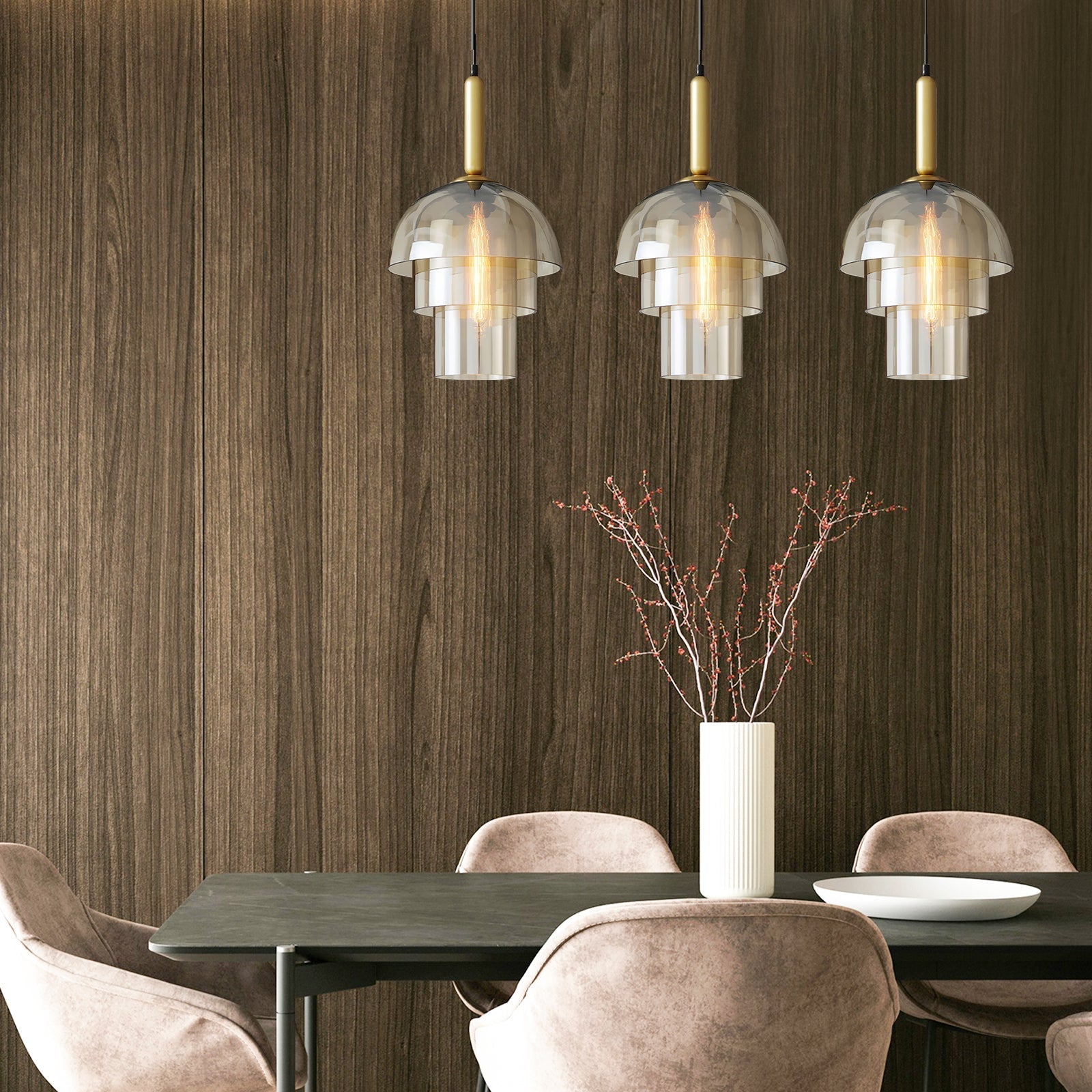 Dome Glas Hængelampe - Nordisk, E27 Sokkel, Justerbar, Cognac Finish