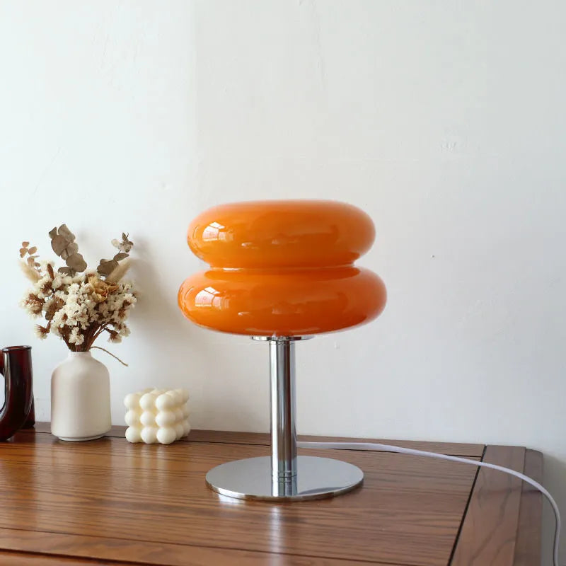 Designerbordlampe, pandekagesvamp-stil, premium glas & jern, 3-farvet LED, poleret stål