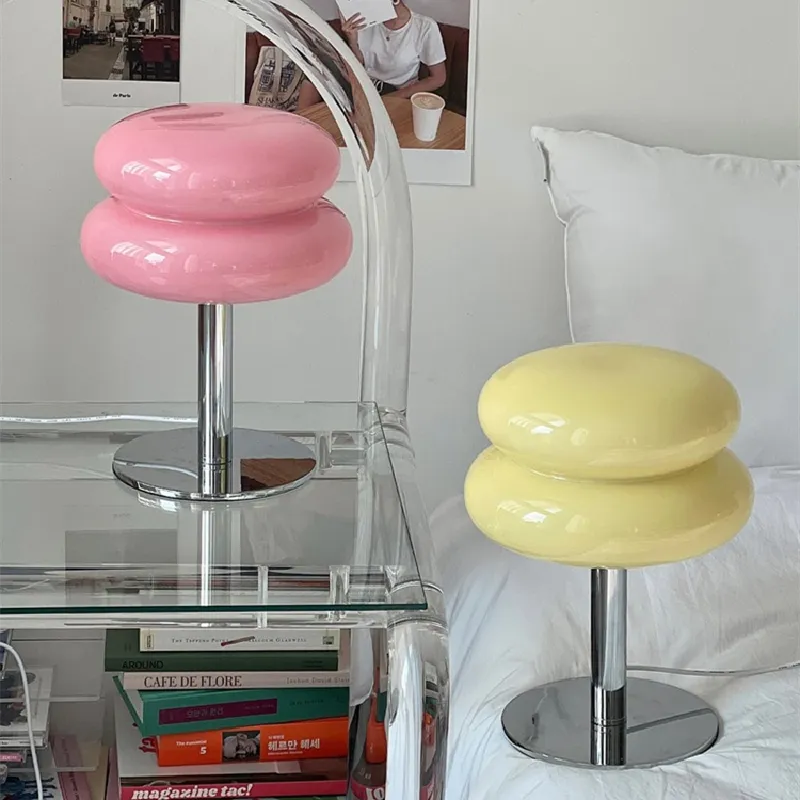 Designerbordlampe, pandekagesvamp-stil, premium glas & jern, 3-farvet LED, poleret stål