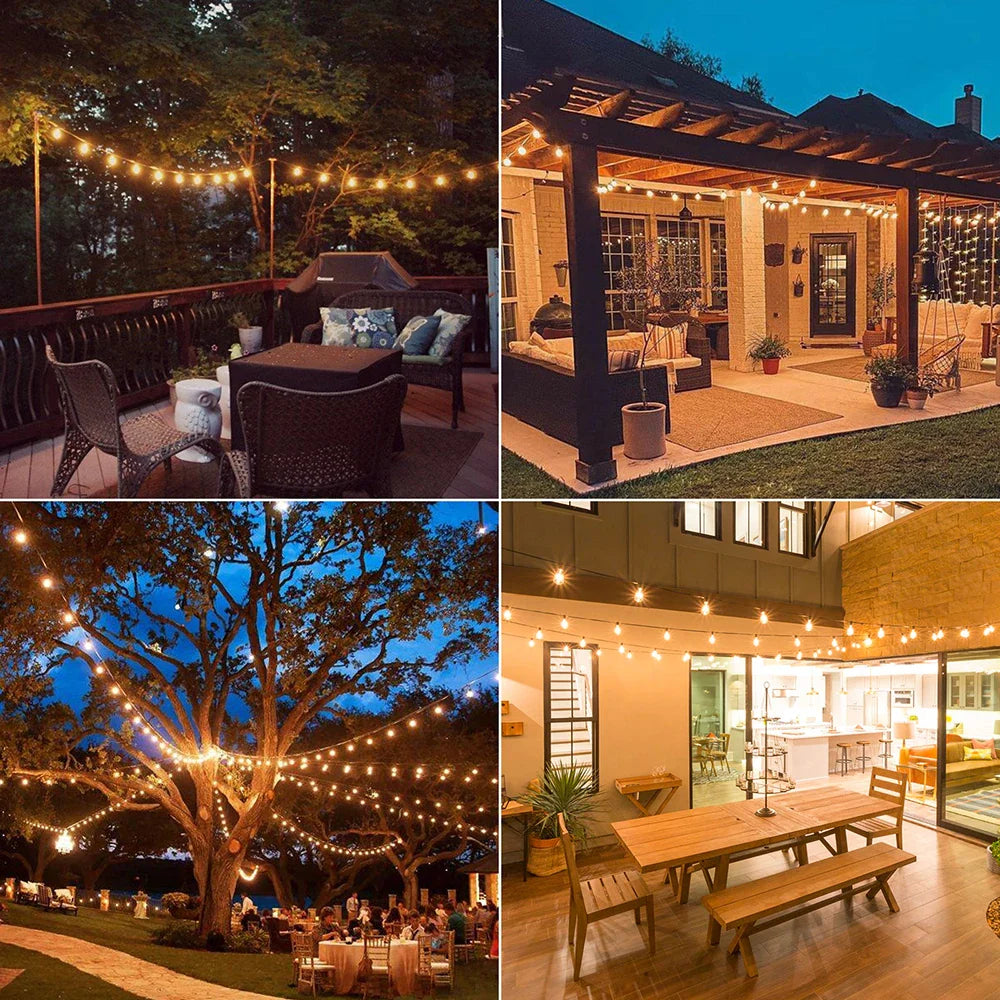 Lyskæde udendørs, Vandtæt LED-lyskæde til have og veranda - varm hvid (2700K), dæmpbar, kan forbindes op til 150 m, 30.000 timer, 220V, 0,6W, reservepærer medfølger