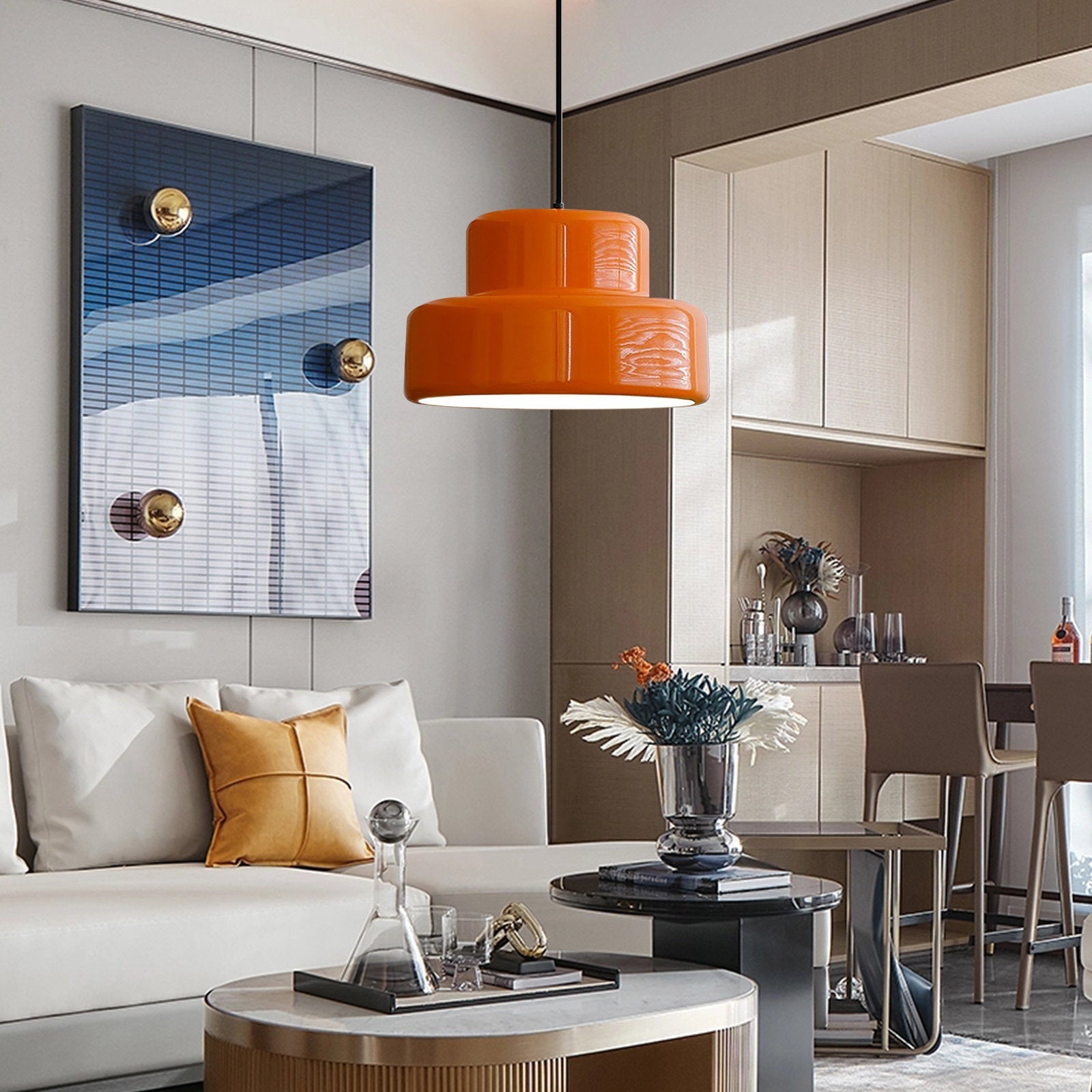 Orange Art Deco-pendel, børstet metal & poleret krom, justerbart kabel, LED, E27, 1 lyskilde, nem installation, retro lysekrone