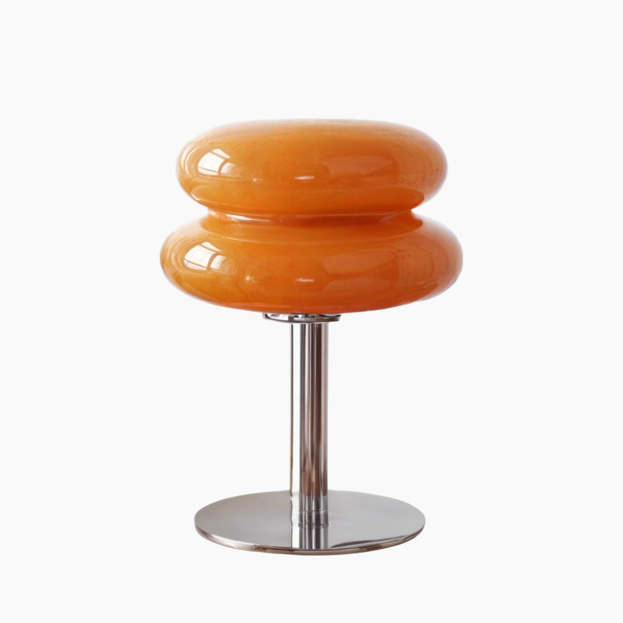Designerbordlampe, pandekagesvamp-stil, premium glas & jern, 3-farvet LED, poleret stål