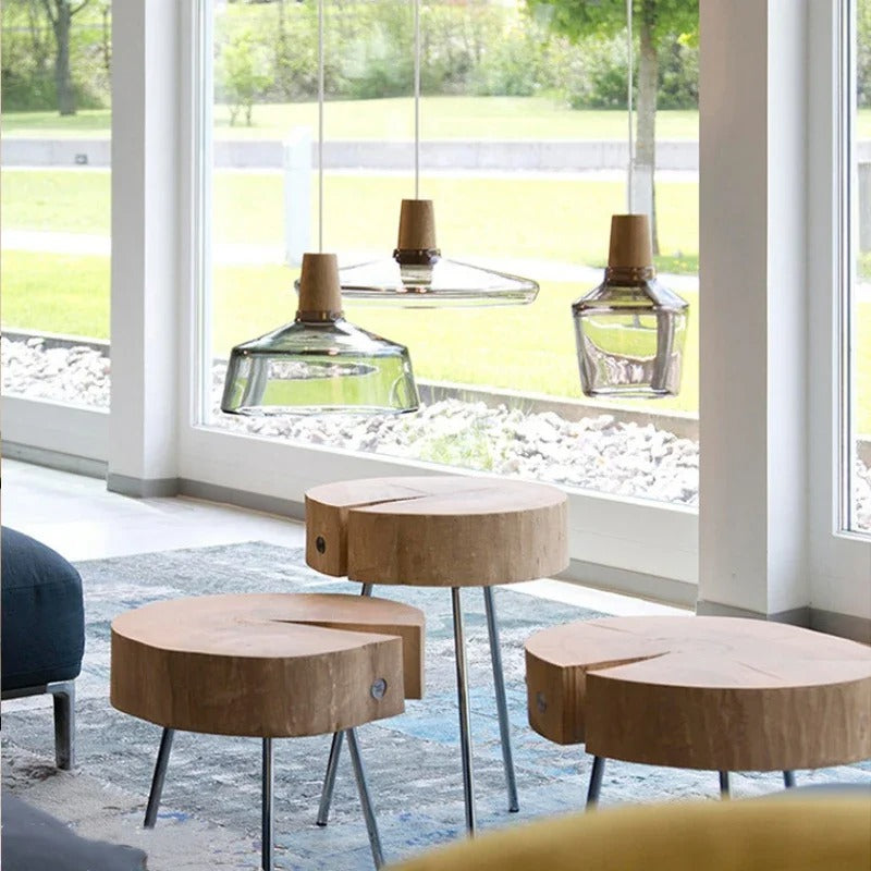 Moderne nordiske glaslamper - Klare og ravfarvede pendler med træfod, E27 LED