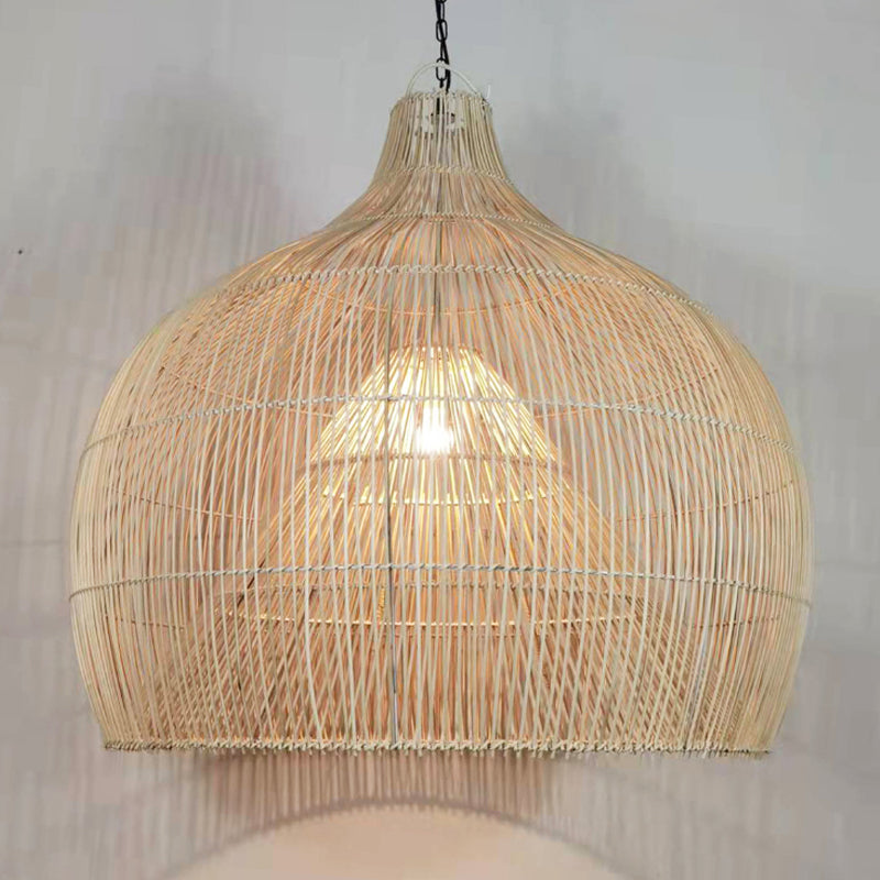 Håndknyttet rattan-pendel - E27-sokkel, LED-kompatibel, indendørs/udendørs dekoration, vekselstrøm, 90-260V, 5-10sqm belysningsområde,