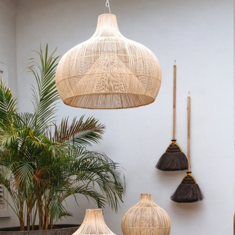 Håndknyttet rattan-pendel - E27-sokkel, LED-kompatibel, indendørs/udendørs dekoration, vekselstrøm, 90-260V, 5-10sqm belysningsområde,