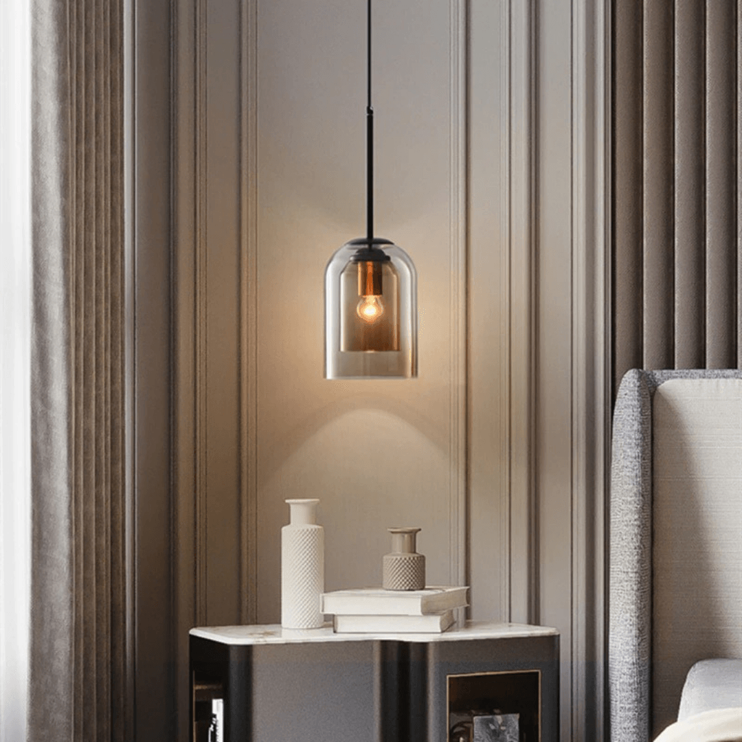 Elegant glaspendel i grå og rav | Minimalistisk design, E27-sokkel, LED-kompatibel, maks. 60W, justerbar kæde