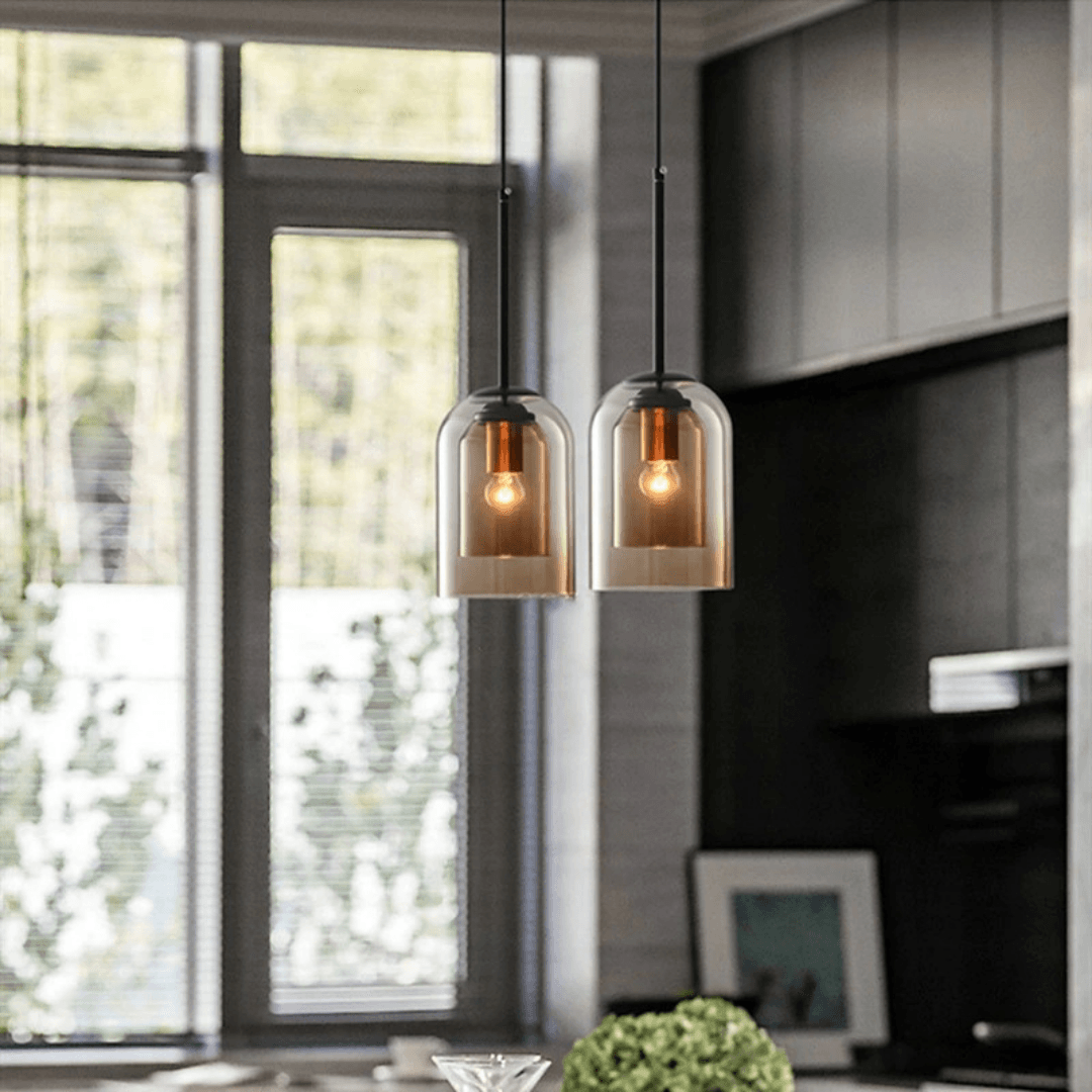 Elegant glaspendel i grå og rav | Minimalistisk design, E27-sokkel, LED-kompatibel, maks. 60W, justerbar kæde