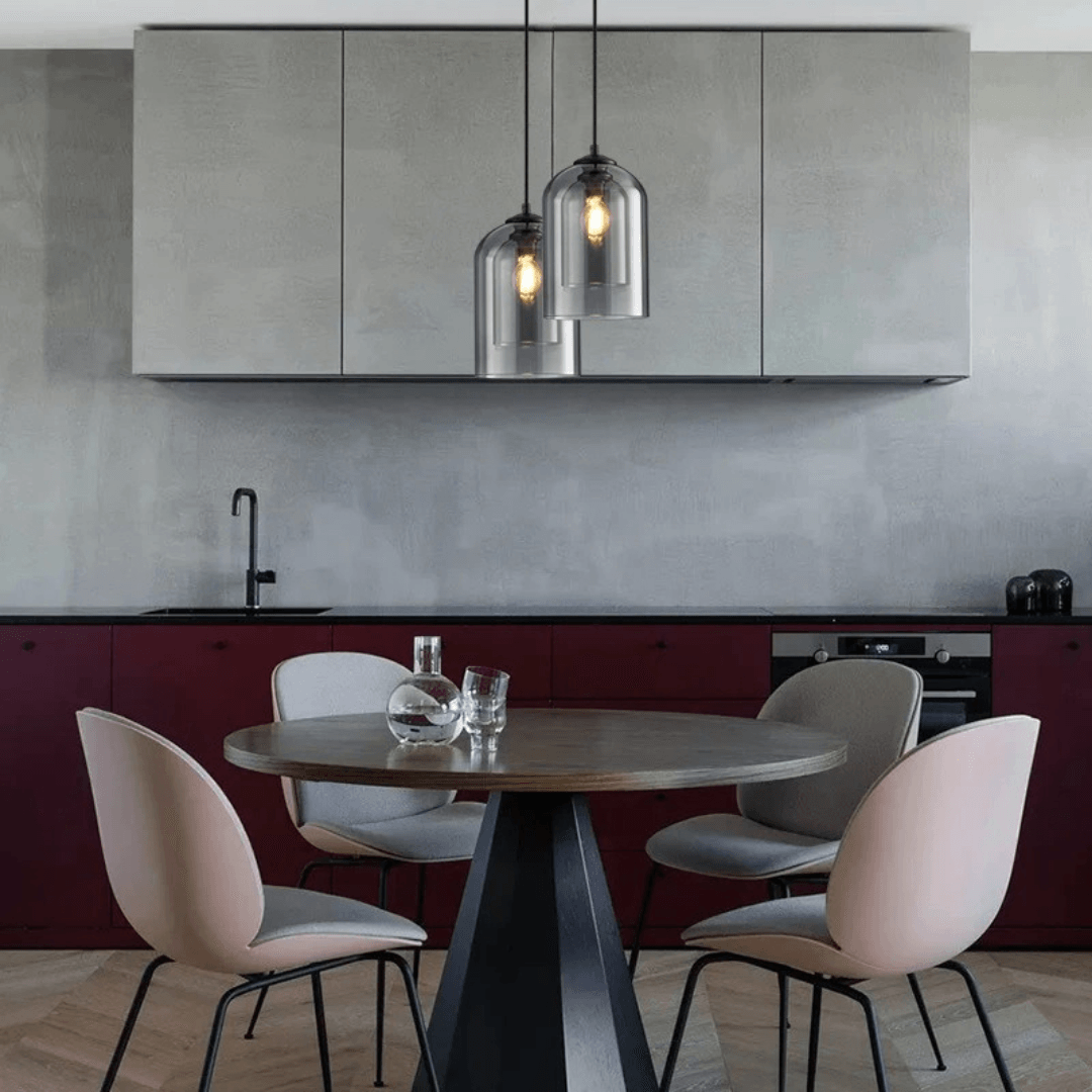 Elegant glaspendel i grå og rav | Minimalistisk design, E27-sokkel, LED-kompatibel, maks. 60W, justerbar kæde