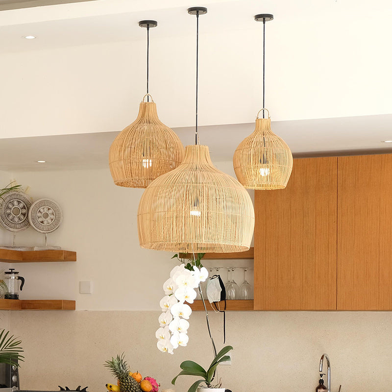 Håndknyttet rattan-pendel - E27-sokkel, LED-kompatibel, indendørs/udendørs dekoration, vekselstrøm, 90-260V, 5-10sqm belysningsområde,