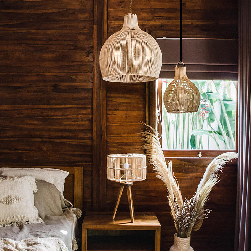 Håndknyttet rattan-pendel - E27-sokkel, LED-kompatibel, indendørs/udendørs dekoration, vekselstrøm, 90-260V, 5-10sqm belysningsområde,