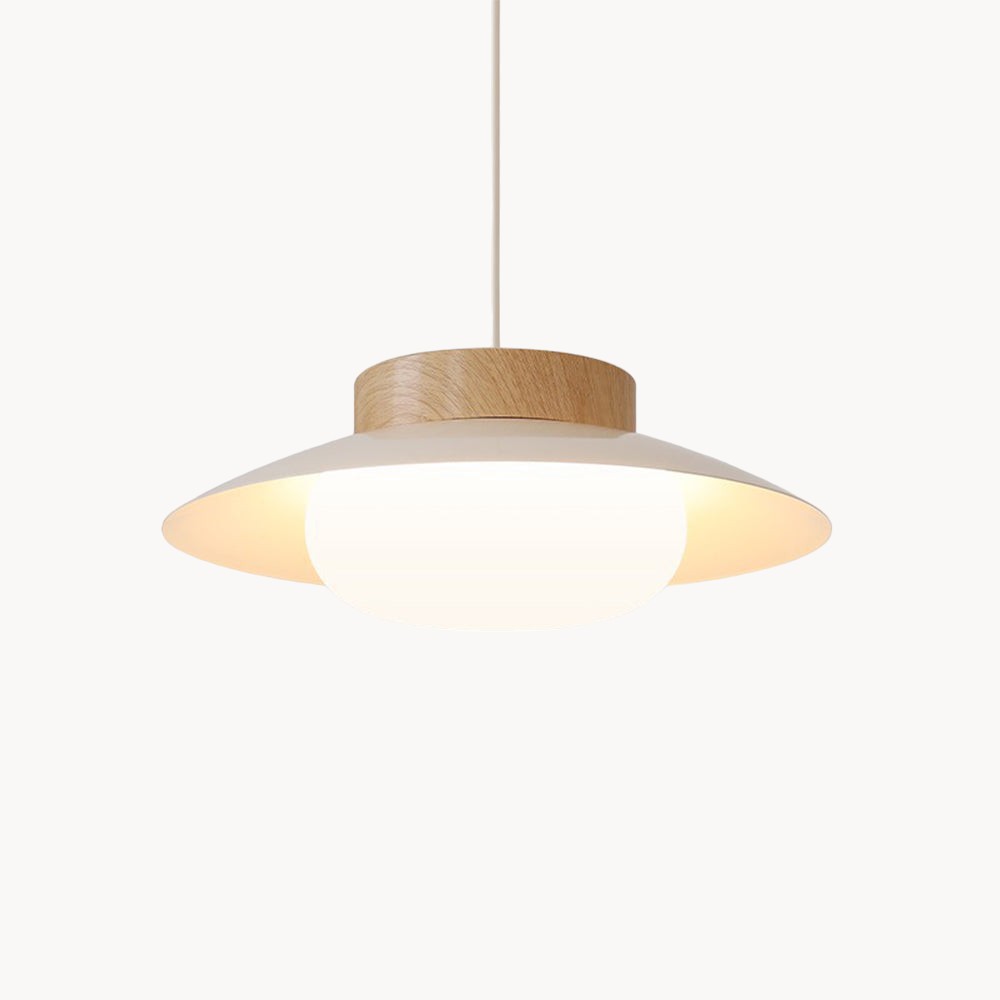 Cremefarvet skålformet jernpendel - Moderne LED-pendel, 30 cm i diameter, hvidt matteret glas og trælook, AC-betjening, 90-260V
