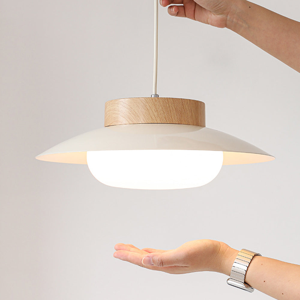 Cremefarvet skålformet jernpendel - Moderne LED-pendel, 30 cm i diameter, hvidt matteret glas og trælook, AC-betjening, 90-260V