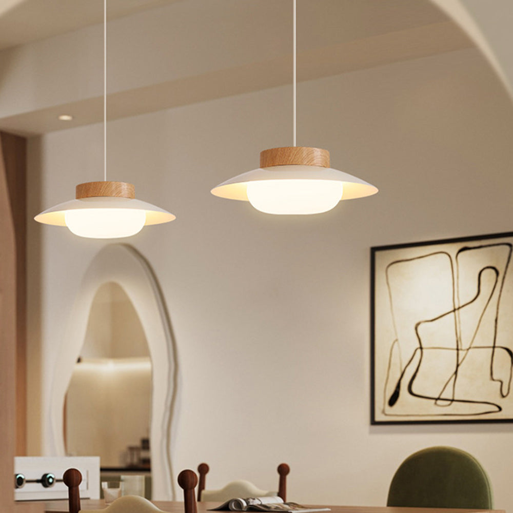Cremefarvet skålformet jernpendel - Moderne LED-pendel, 30 cm i diameter, hvidt matteret glas og trælook, AC-betjening, 90-260V