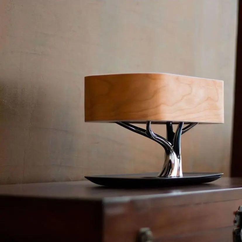 Moderne bordlampe med skærm i kirsebærtræ, justerbar lysstyrke, trådløs opladning, LED, touch control