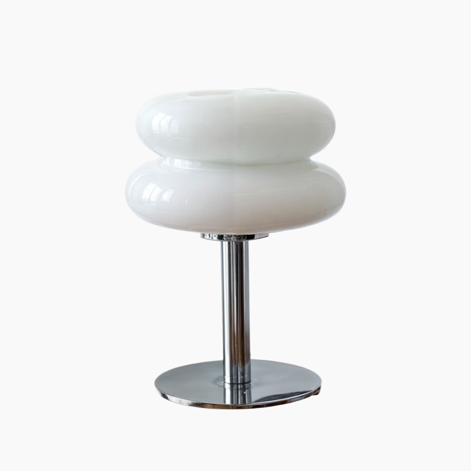 Designerbordlampe, pandekagesvamp-stil, premium glas & jern, 3-farvet LED, poleret stål