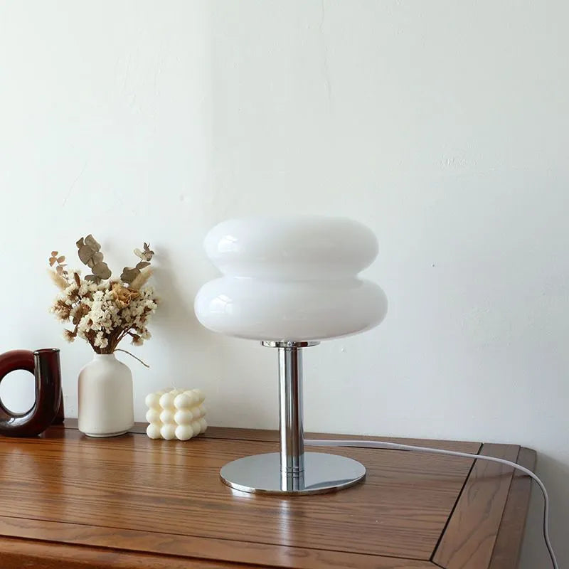 Designerbordlampe, pandekagesvamp-stil, premium glas & jern, 3-farvet LED, poleret stål