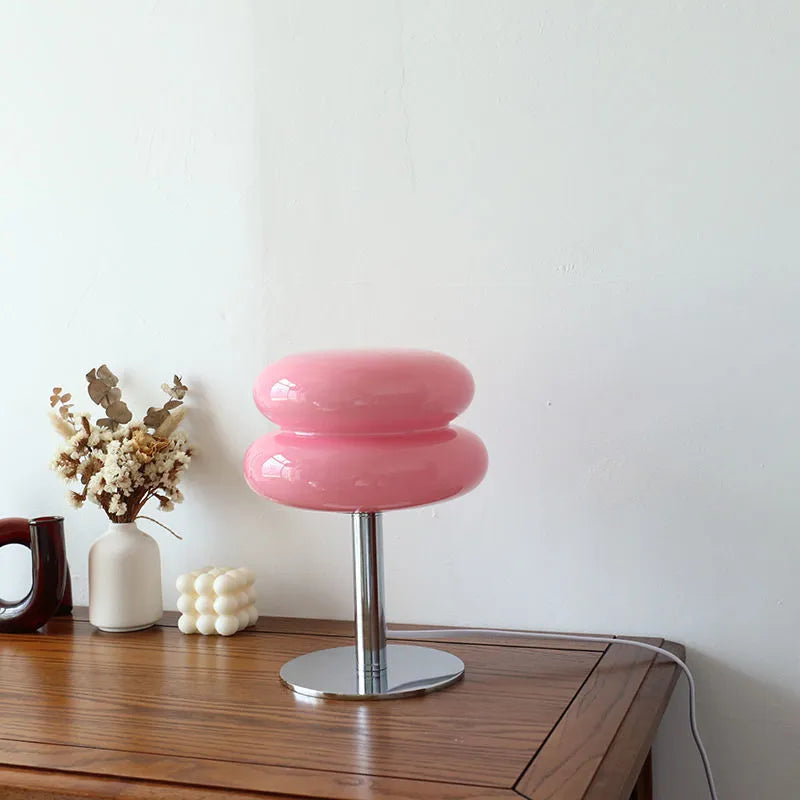 Designerbordlampe, pandekagesvamp-stil, premium glas & jern, 3-farvet LED, poleret stål