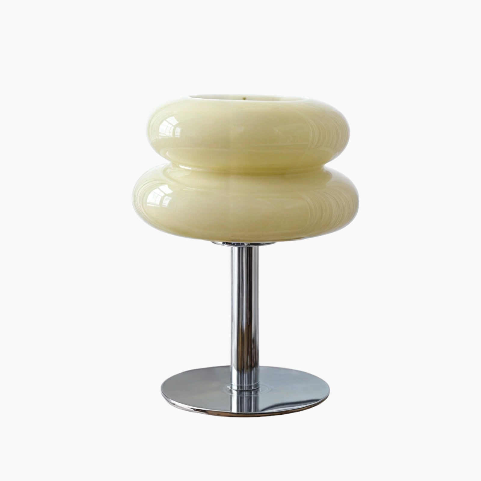Designerbordlampe, pandekagesvamp-stil, premium glas & jern, 3-farvet LED, poleret stål