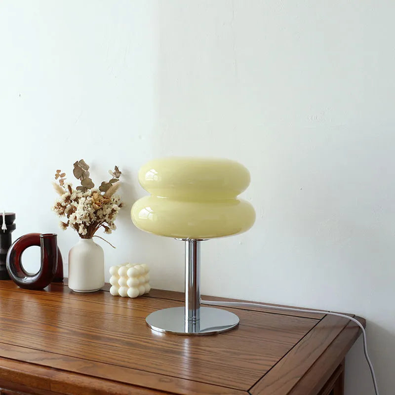 Designerbordlampe, pandekagesvamp-stil, premium glas & jern, 3-farvet LED, poleret stål